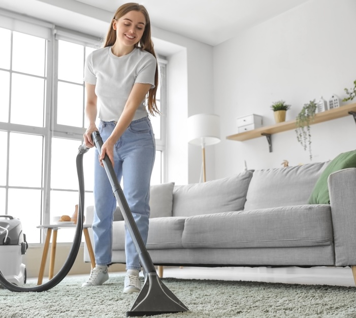 Woman vacuuming the carpet for general maintenance