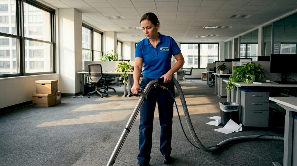 Professional deep cleaning carpet in open office