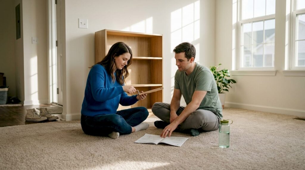 Couple assembling furniture on clean new carpet
