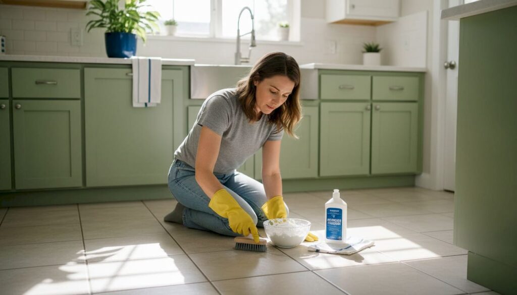 Woman cleaning tile grout on kitchen floor