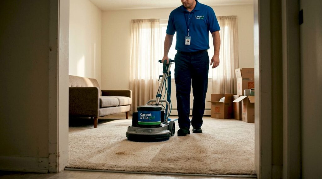 Pro carpet cleaner working in rental living room