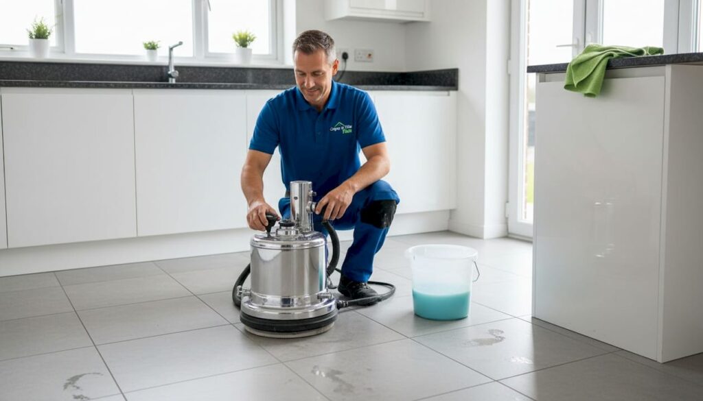 Technician setting up grout cleaning machine