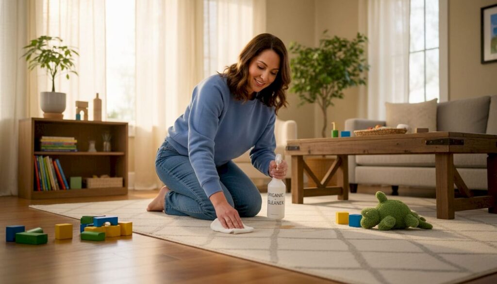 Woman cleaning carpet in bright family living room