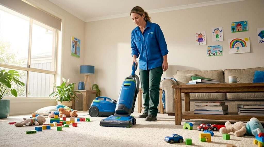 Woman vacuuming messy living room carpet