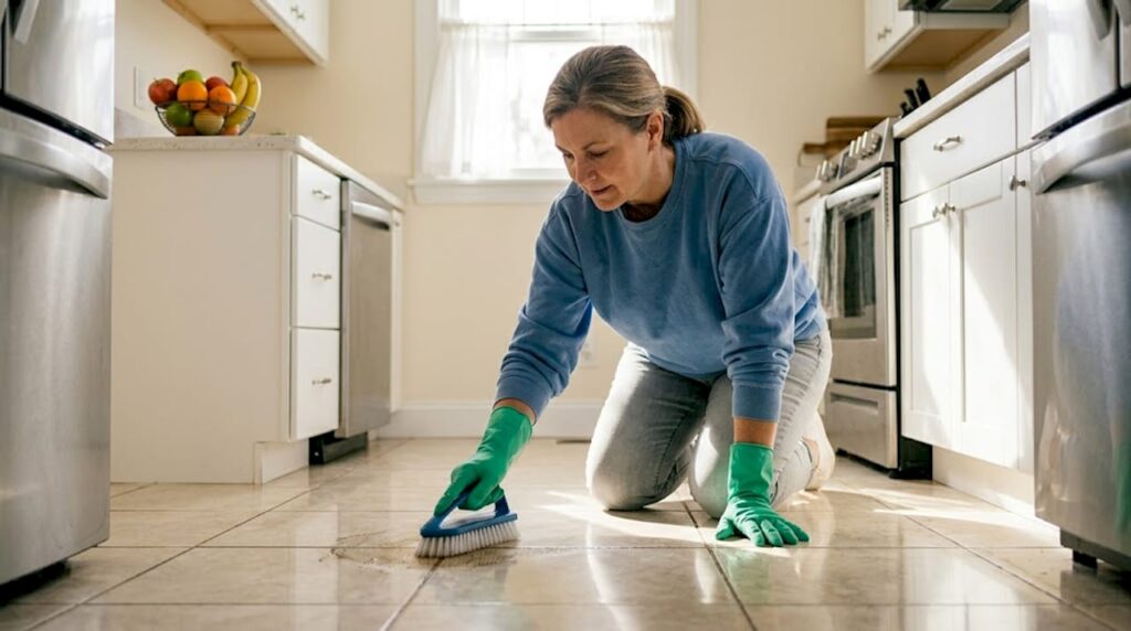 Woman cleaning grout in home kitchen