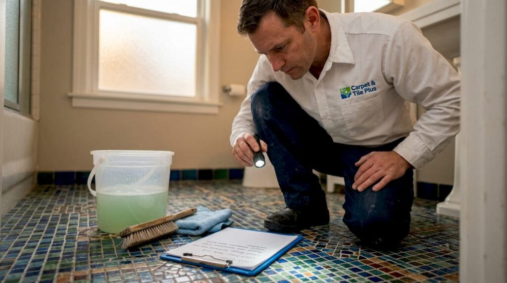 Tile cleaner inspecting grout on bathroom floor