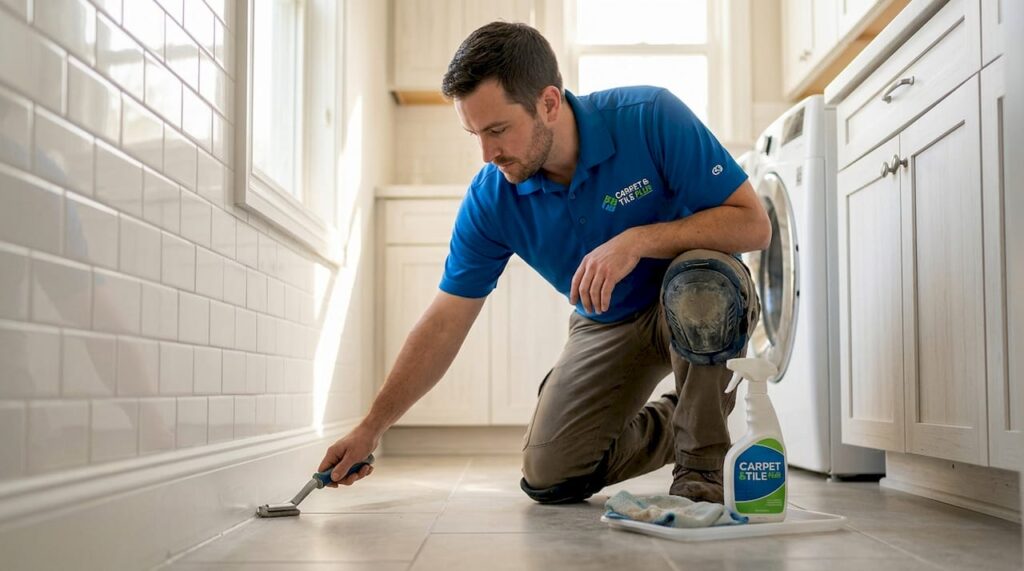 Technician cleaning grout in home bathroom