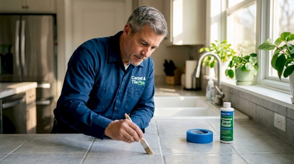 Pro sealing kitchen tile grout after cleaning