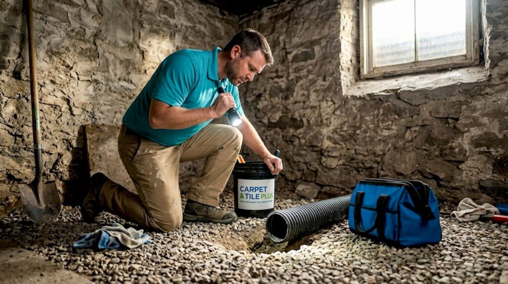 Technician inspecting basement drain tile pipe
