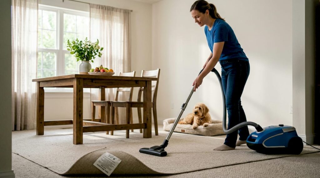Person gently vacuuming Berber carpet in living room