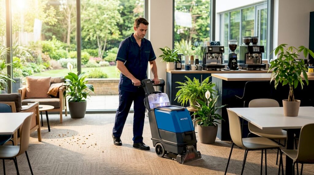 Carpet cleaning in bright office lobby