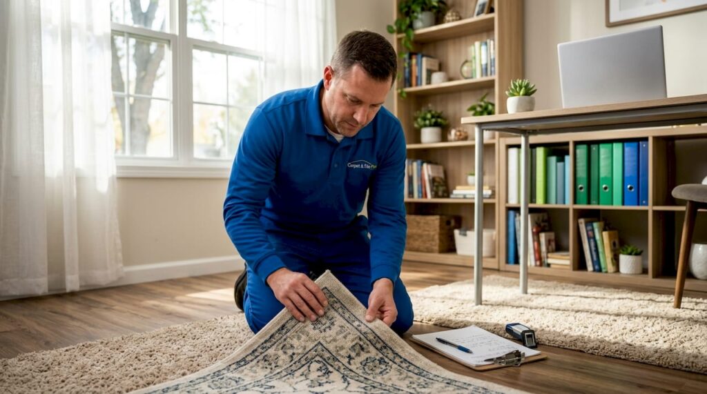 Technician inspecting living room carpet edge
