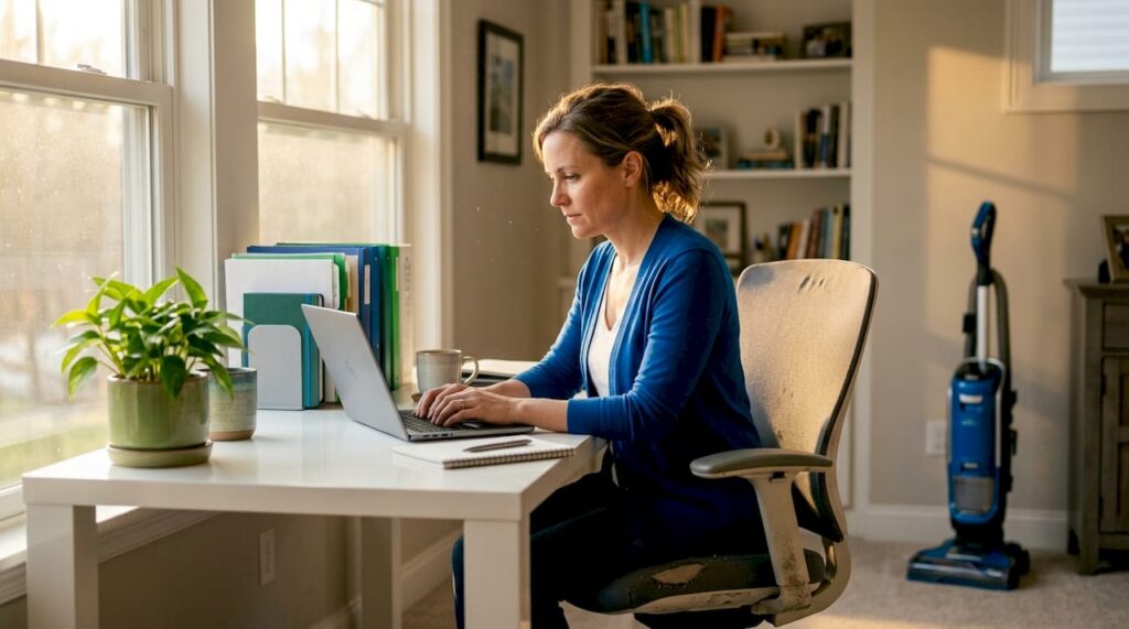 Home office with woman and dusty carpet