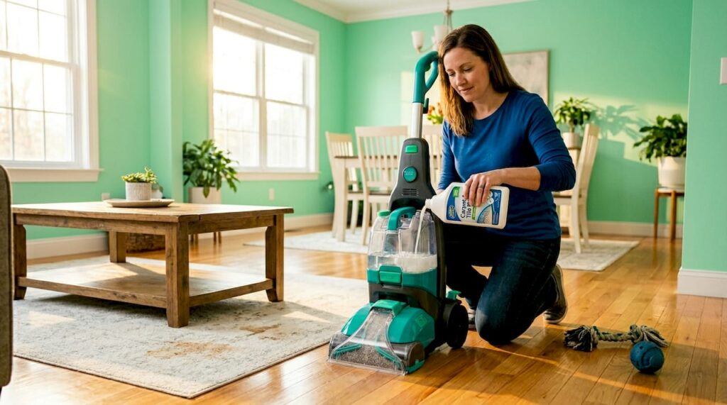 Homeowner using organic carpet cleaner