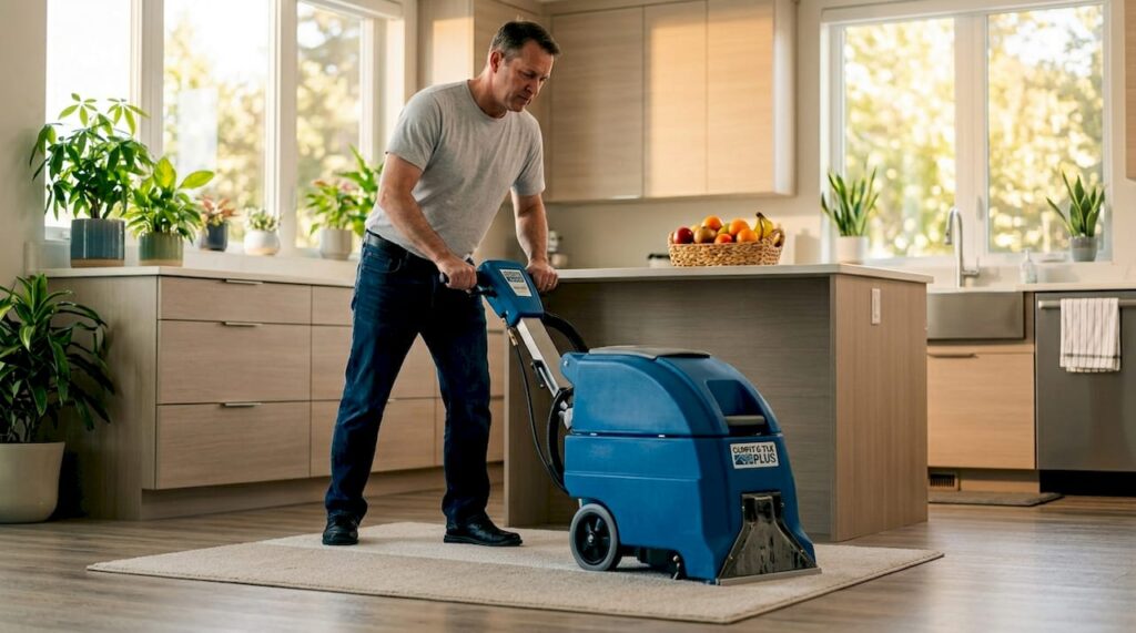 Man cleaning carpet in sunlit living room
