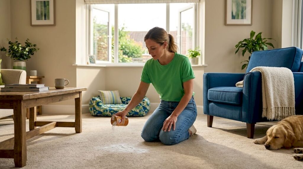 Woman deodorizing carpet in living room