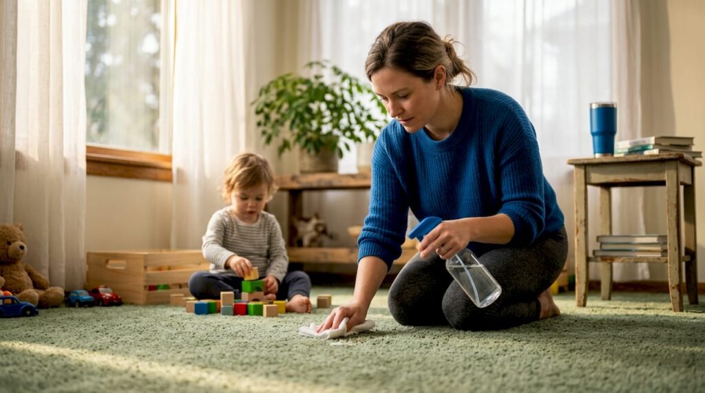 Homeowner cleaning carpet naturally with spray bottle