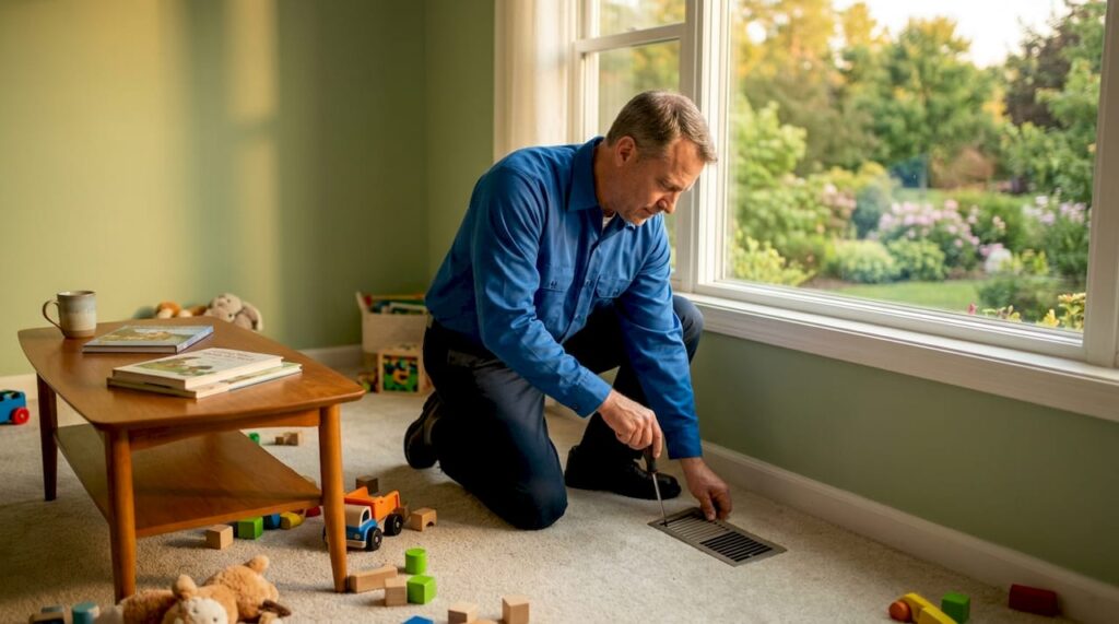 Technician cleaning air duct in living room