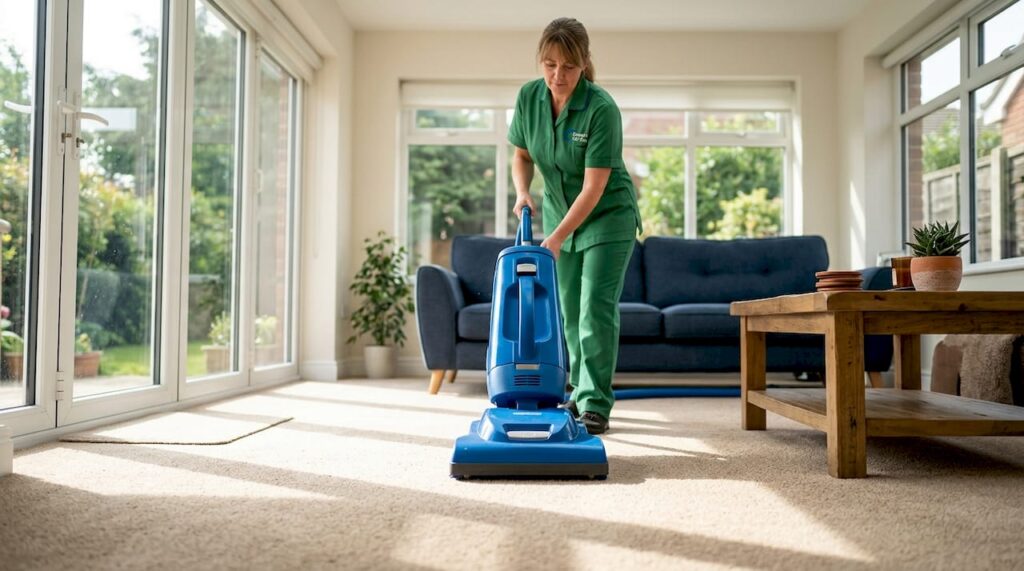 Professional cleaning wool carpet in home living room