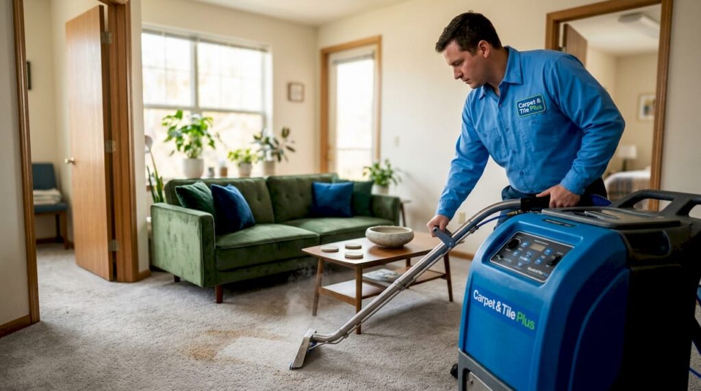 Technician cleaning stained apartment carpet