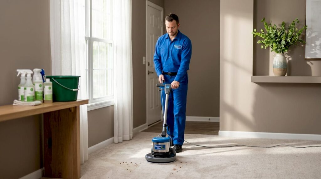 Technician cleaning carpet with low moisture machine