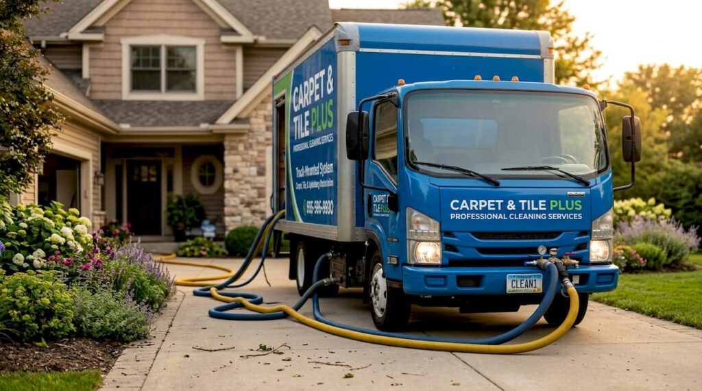 Truck-mounted carpet cleaning vehicle outside home