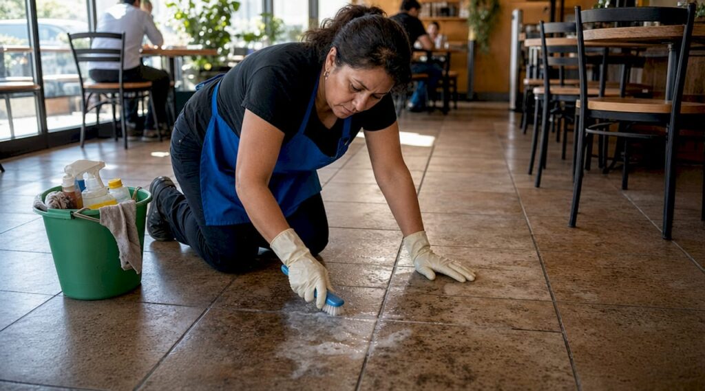 Woman scrubbing tile grout in busy lobby