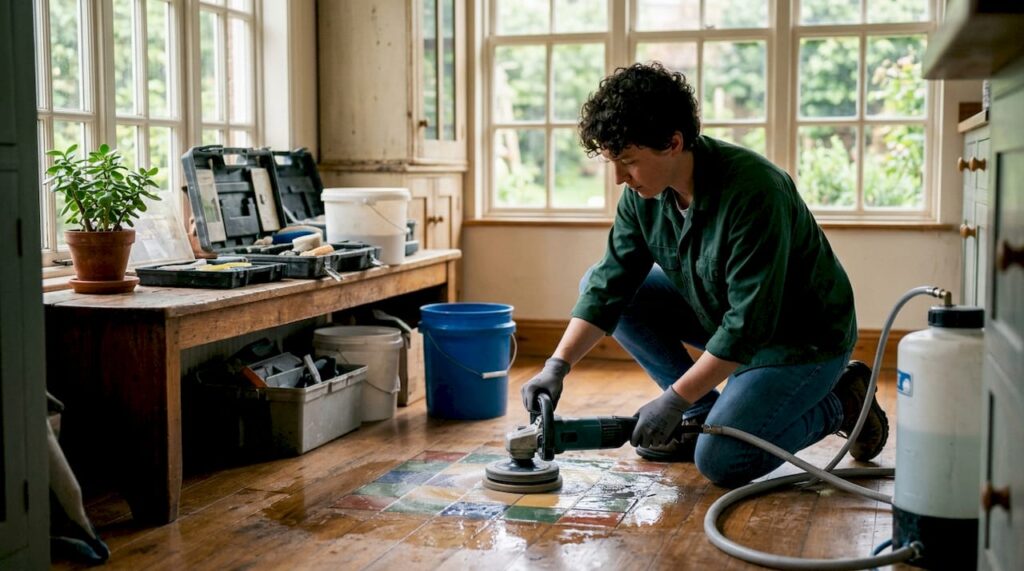 Technician polishing ceramic tile floor