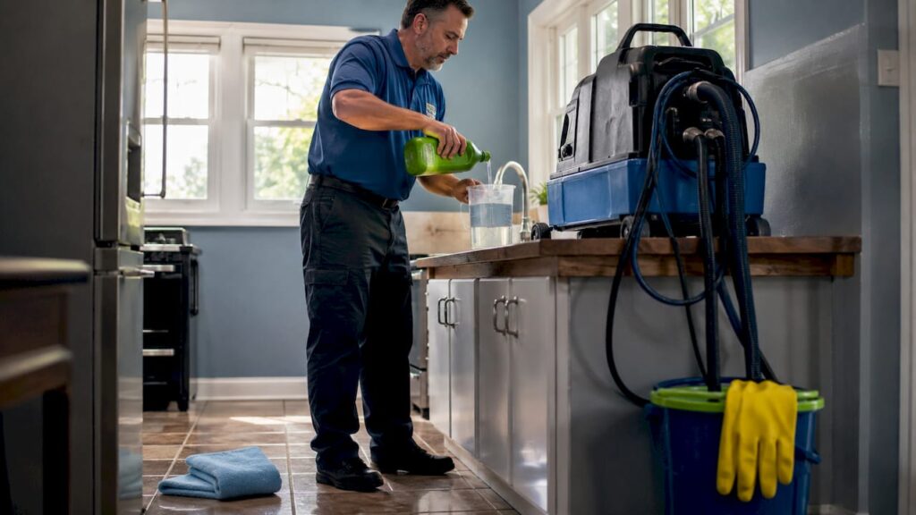 Technician measuring carpet cleaning solution concentrate