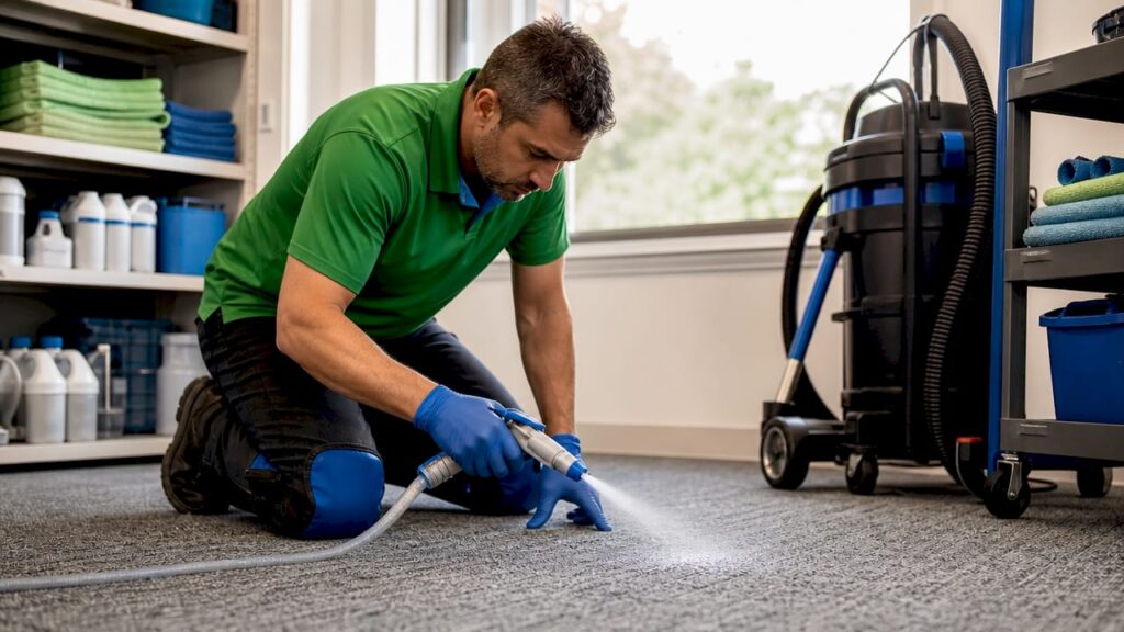 Carpet technician applying encapsulation detergent