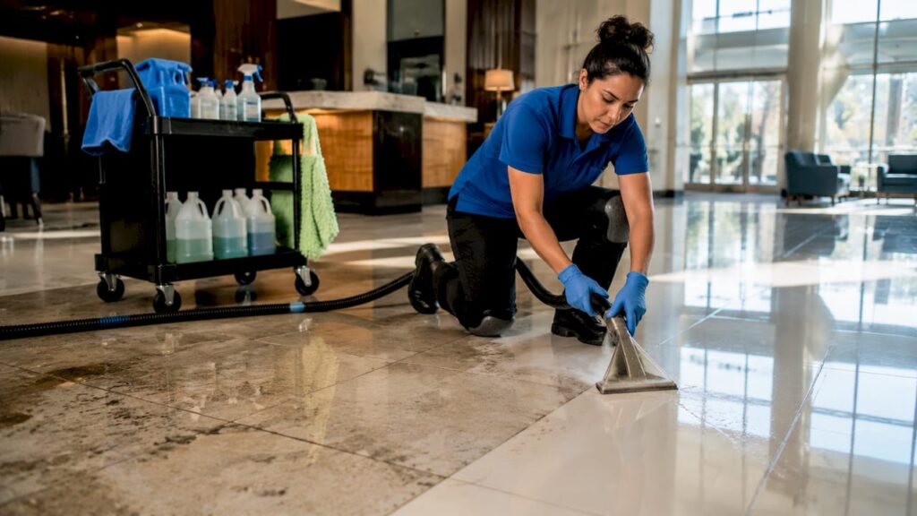 Technician steam cleaning commercial tile floor