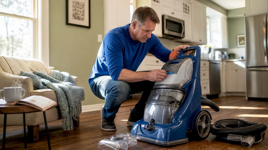 Homeowner inspecting carpet cleaning machine in living room