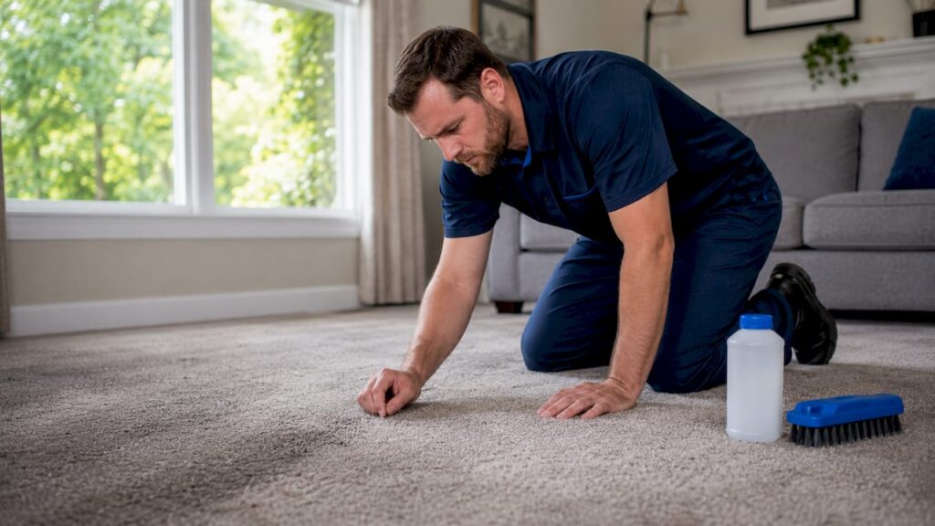 Professional inspecting worn carpet fibers