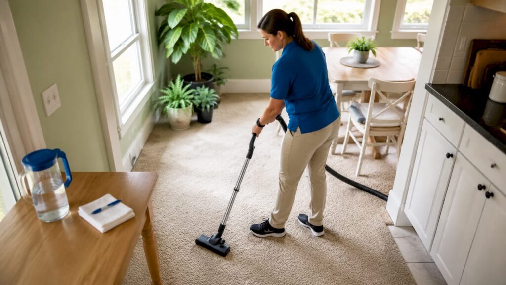 Woman vacuuming beige carpet near sofa