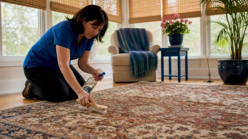 Woman preparing to clean wool area rug in living room