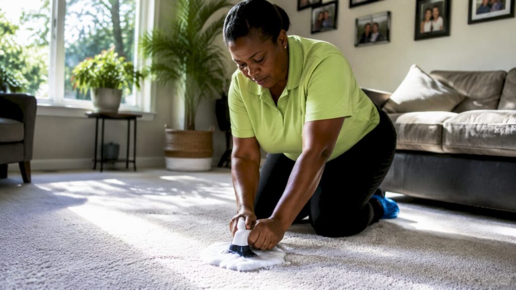 Carpet cleaner applying foam to beige carpet