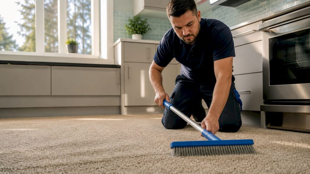 Technician grooming carpet with rake in living room