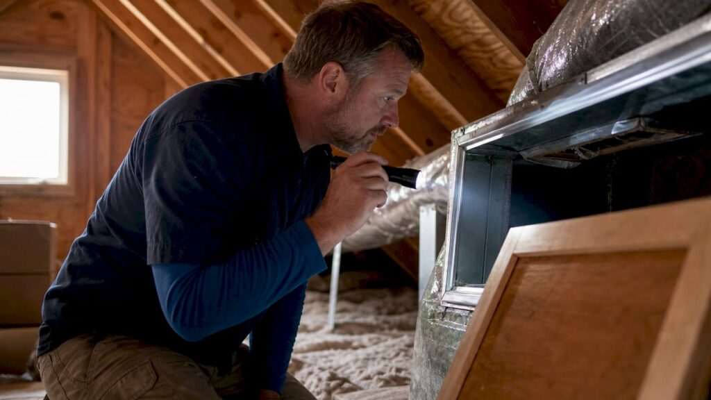 HVAC technician inspecting home air duct