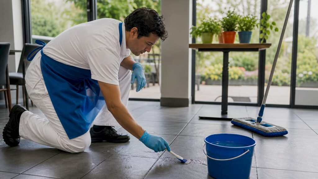 Technician applying degreaser on kitchen tile grout