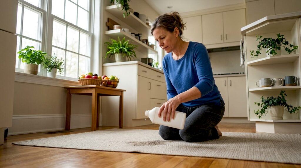 Woman applying cleaner to pet stain on carpet