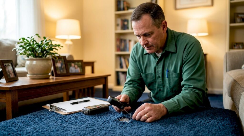 Carpet technician inspecting fabric damage closely