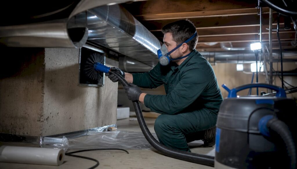 HVAC technician cleaning home ducts in attic