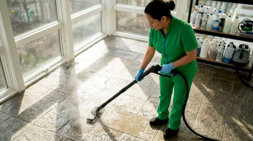 Professional steam tile cleaning woman
