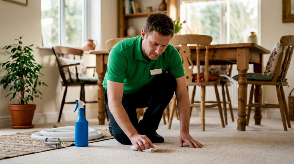 Professional cleaner treating carpet stain in bright living room