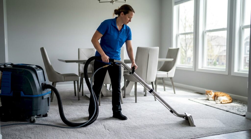 Professional cleaner using carpet machine indoors