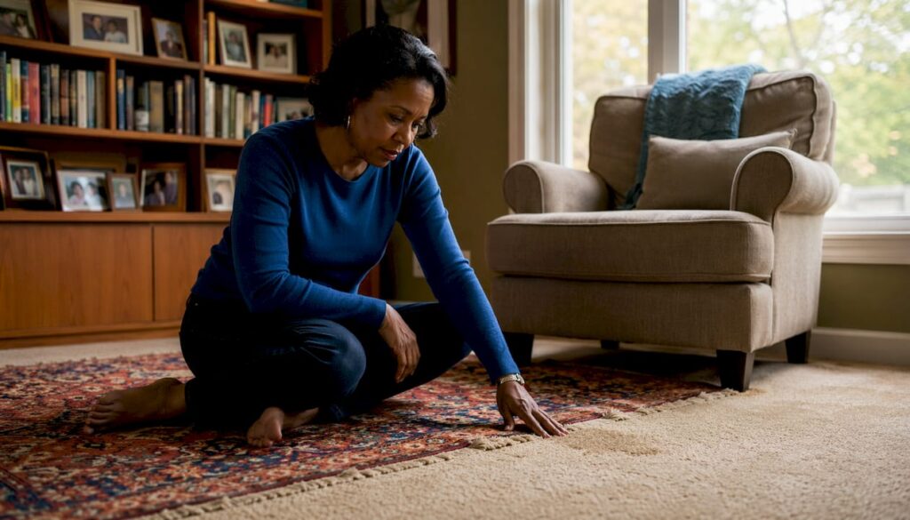 Woman inspecting carpet cleaning results