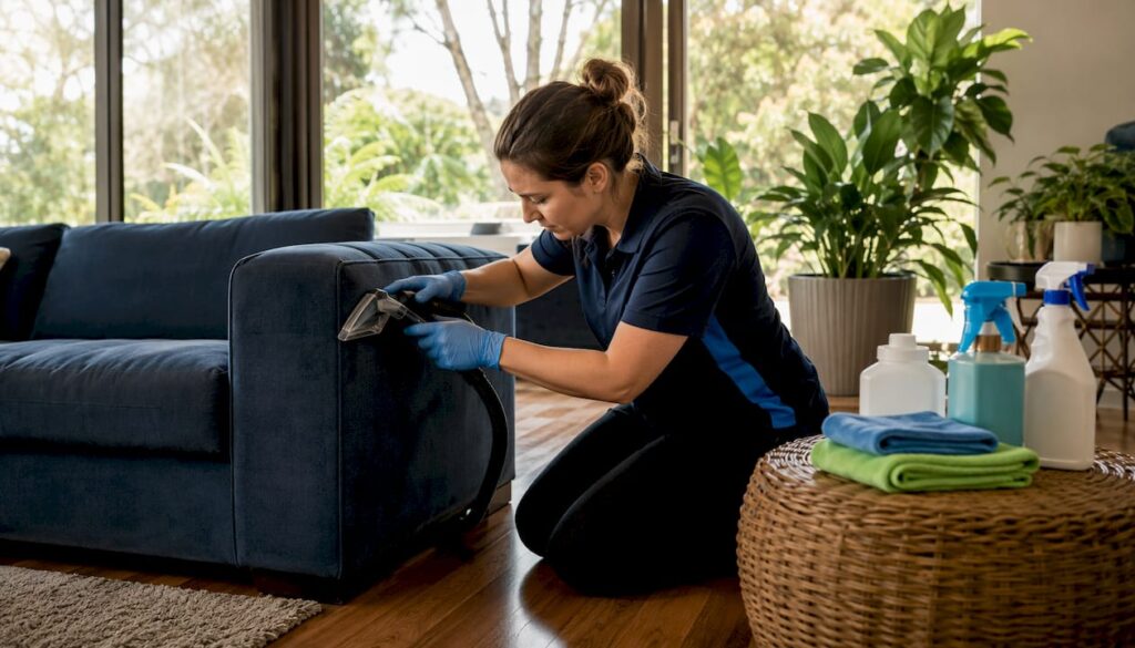 Cleaner using upholstery tool near a carpeted floor