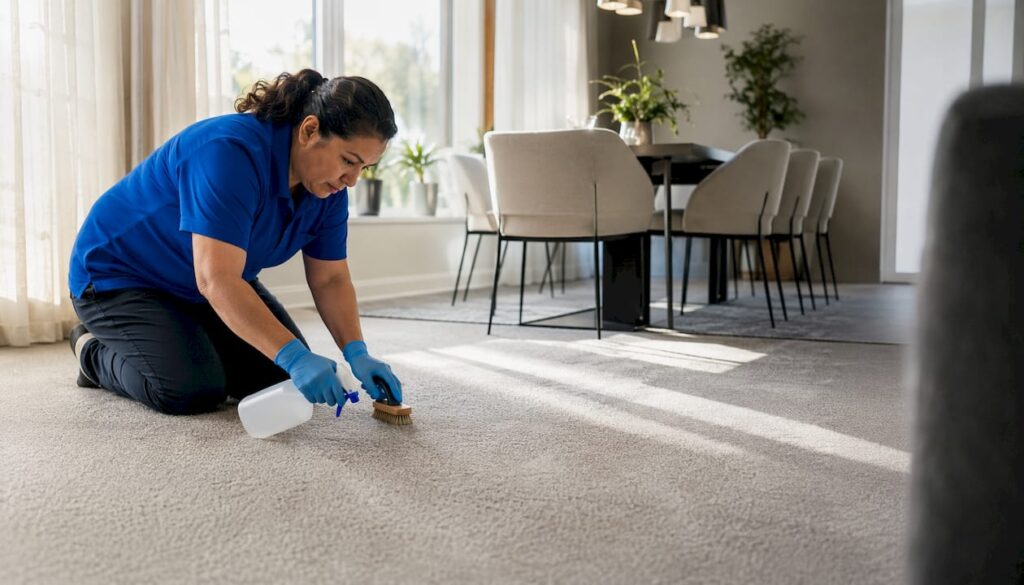 Carpet cleaner applying solution on wool carpet fibers