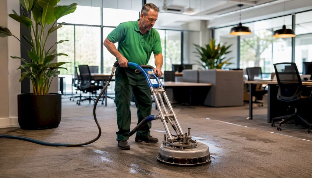 Carpet cleaner using machine on office carpet