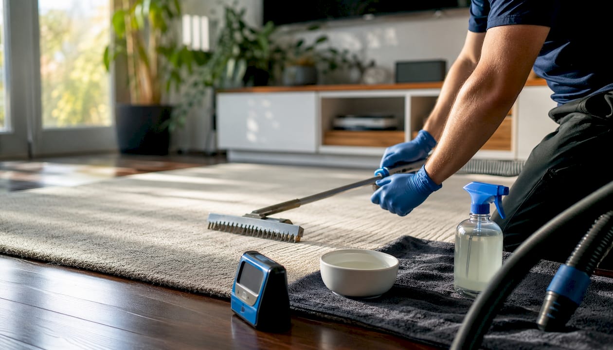 Hands holding carpet cleaning tools overhead